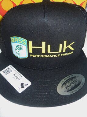 NWT HUK Performance Bass Black Fishing Trucker Style Hat Snap Back Closure
